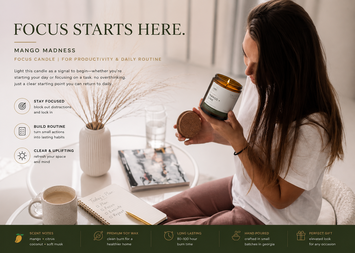 mango lime | focus candle | for productivity & daily routine