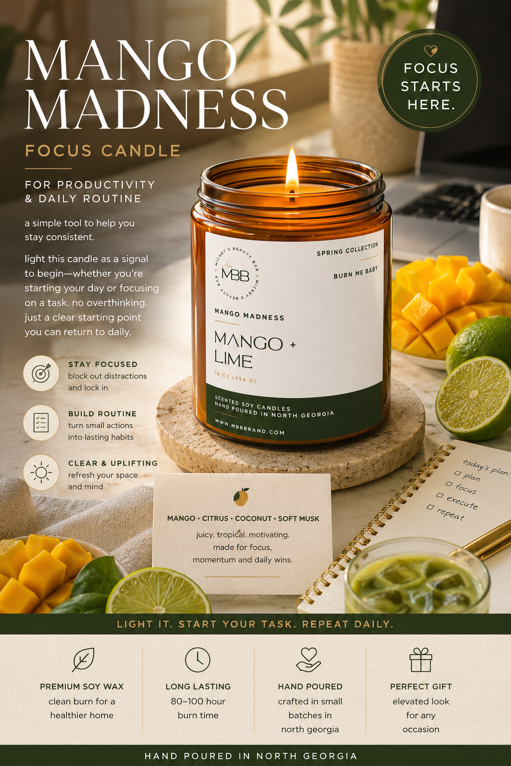 mango lime | focus candle | for productivity & daily routine
