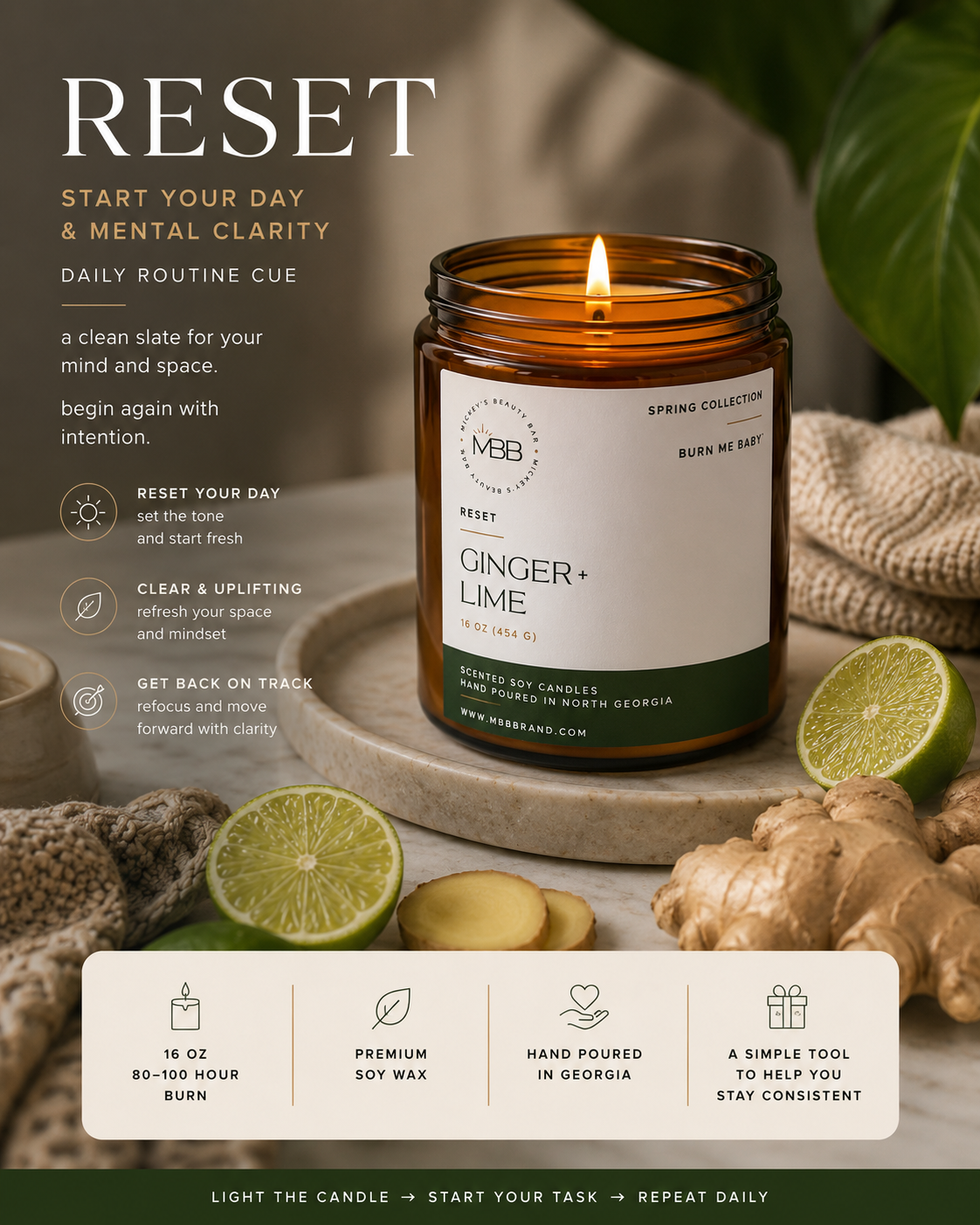 reset candle | start your day & mental clarity | daily routine cue